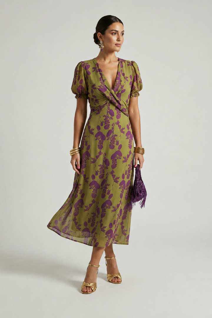 Women's Silk Short Puff Sleeve V Neck A Line Wrap Midi Dress
