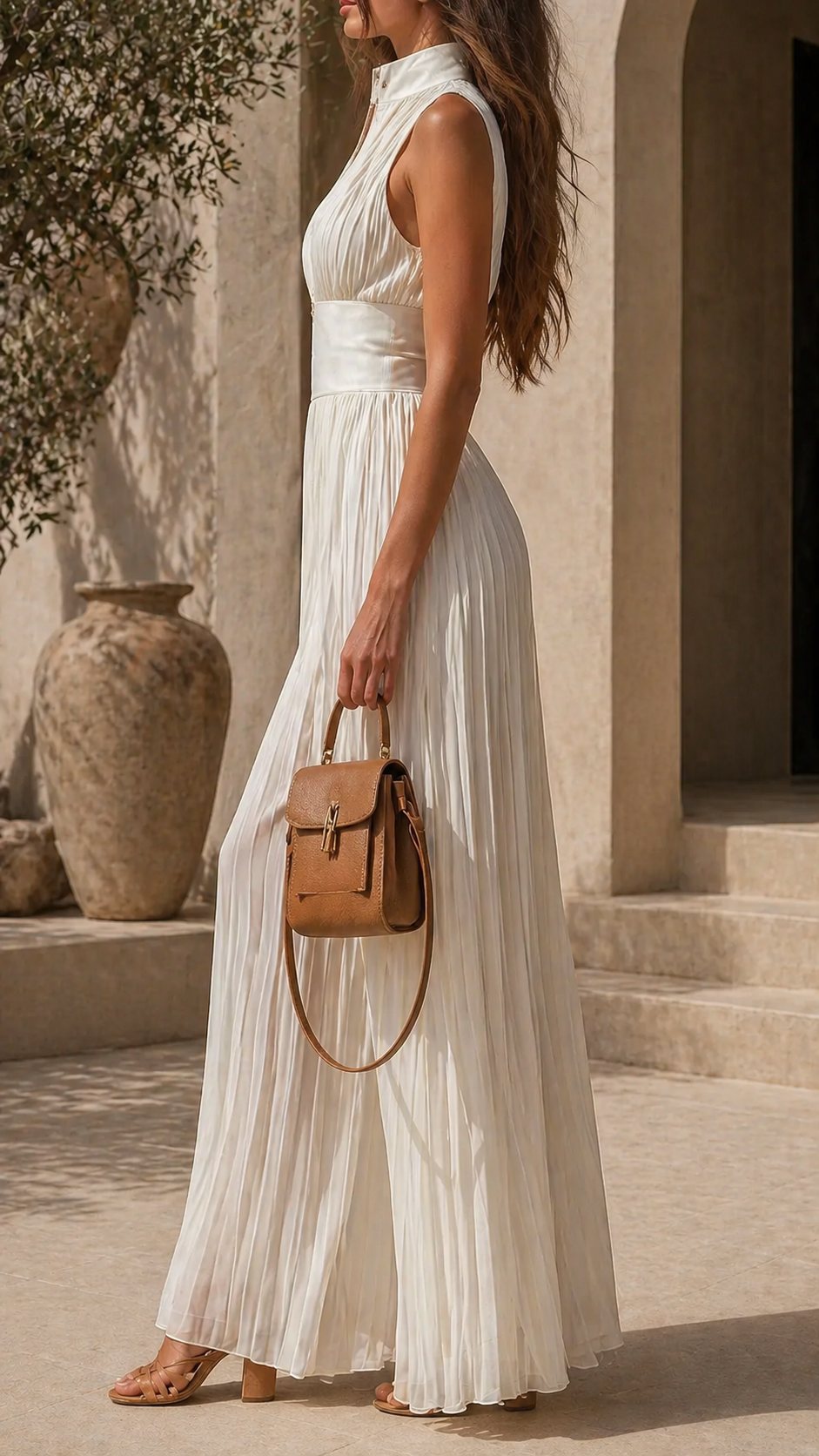 Women's Sleeveless Pleated Linen Wide-Leg Jumpsuit