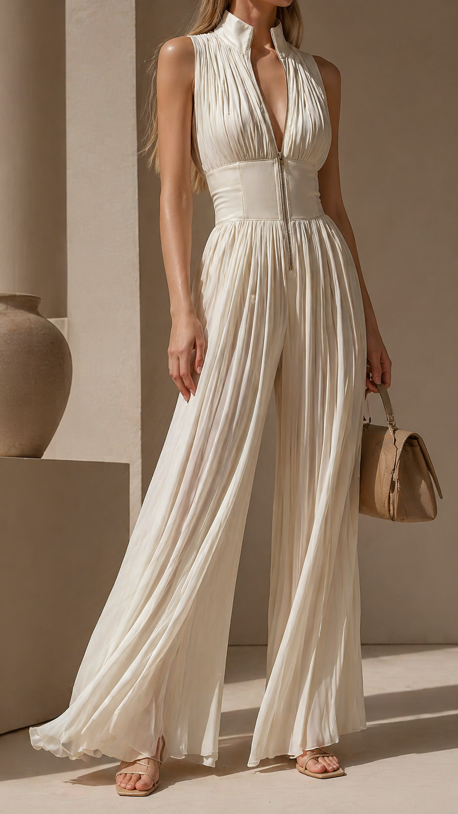 Women's Sleeveless Pleated Linen Wide-Leg Jumpsuit