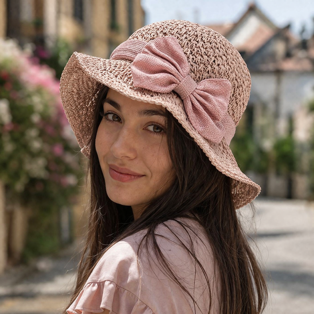Women's Straw Bow Wide-Brim Sun Hat