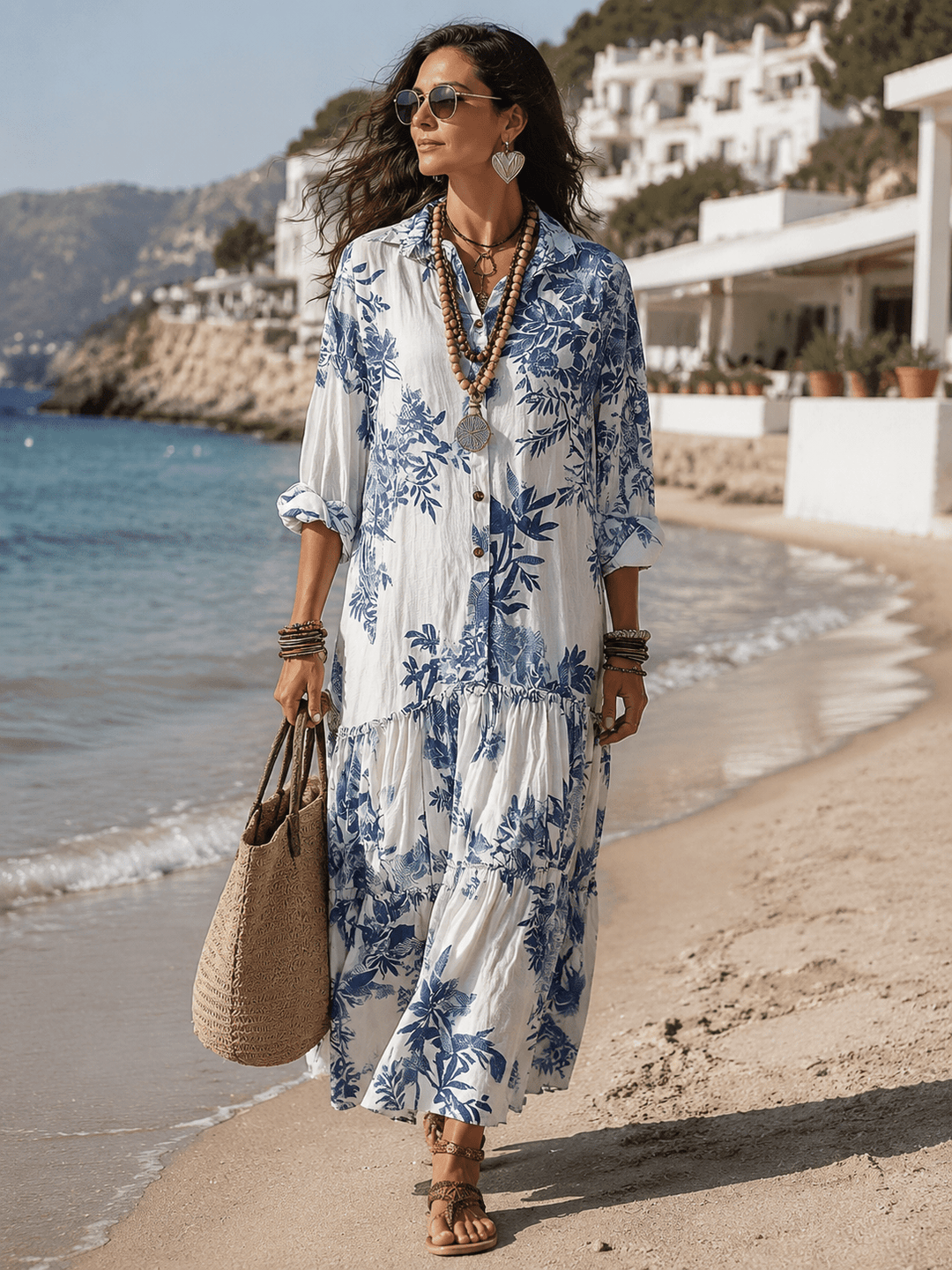 Women's Linen Floral Long Sleeve Shirt Boho Tiered Maxi Dress 