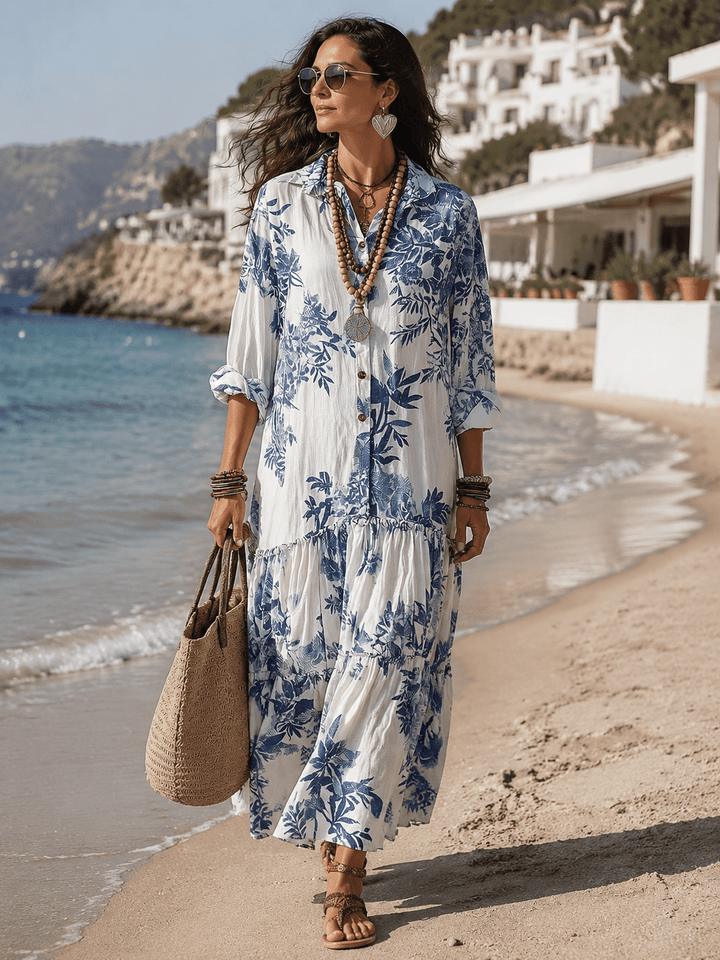 Women's Linen Floral Long Sleeve Shirt Boho Tiered Maxi Dress 