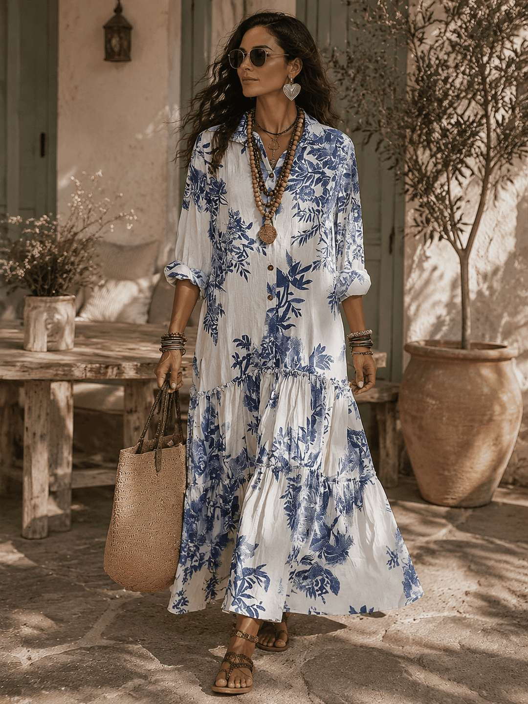 Women's Linen Floral Long Sleeve Shirt Boho Tiered Maxi Dress 