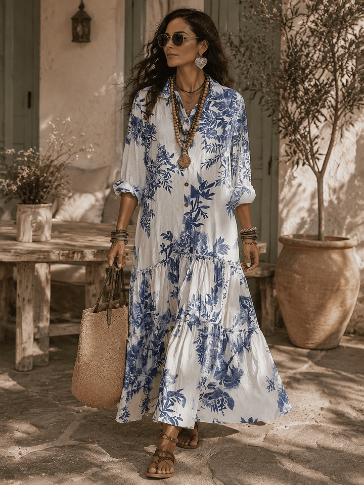 Women's Linen Floral Long Sleeve Shirt Boho Tiered Maxi Dress 