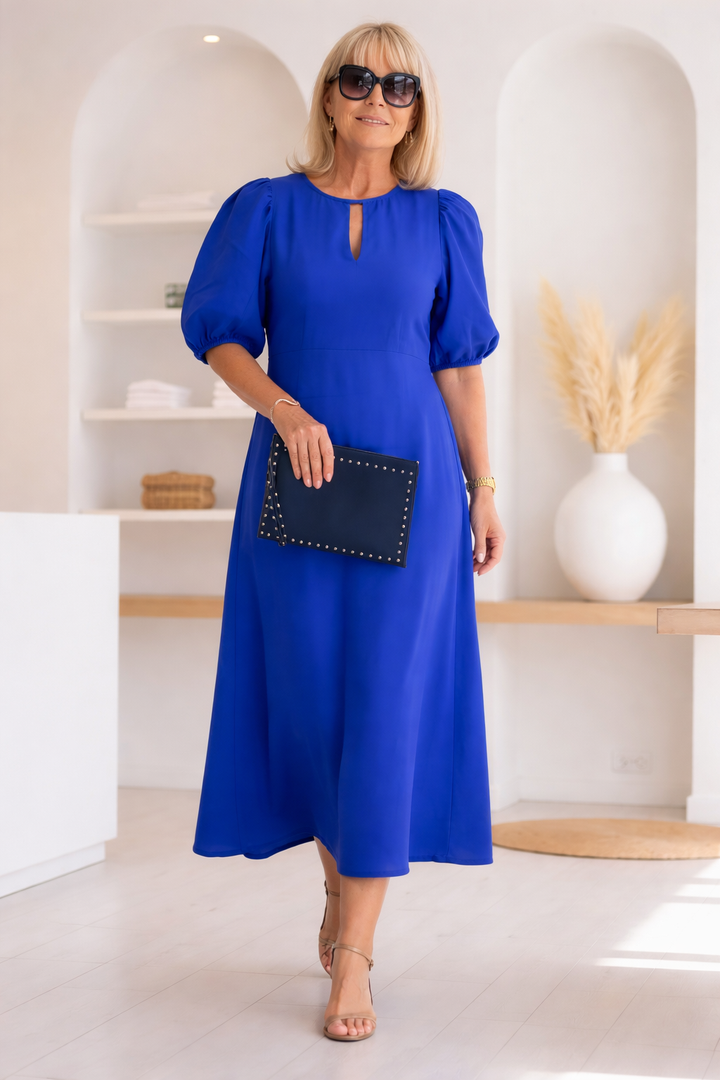 Women's Linen Blend Puff Sleeve Cutout Midi Dress