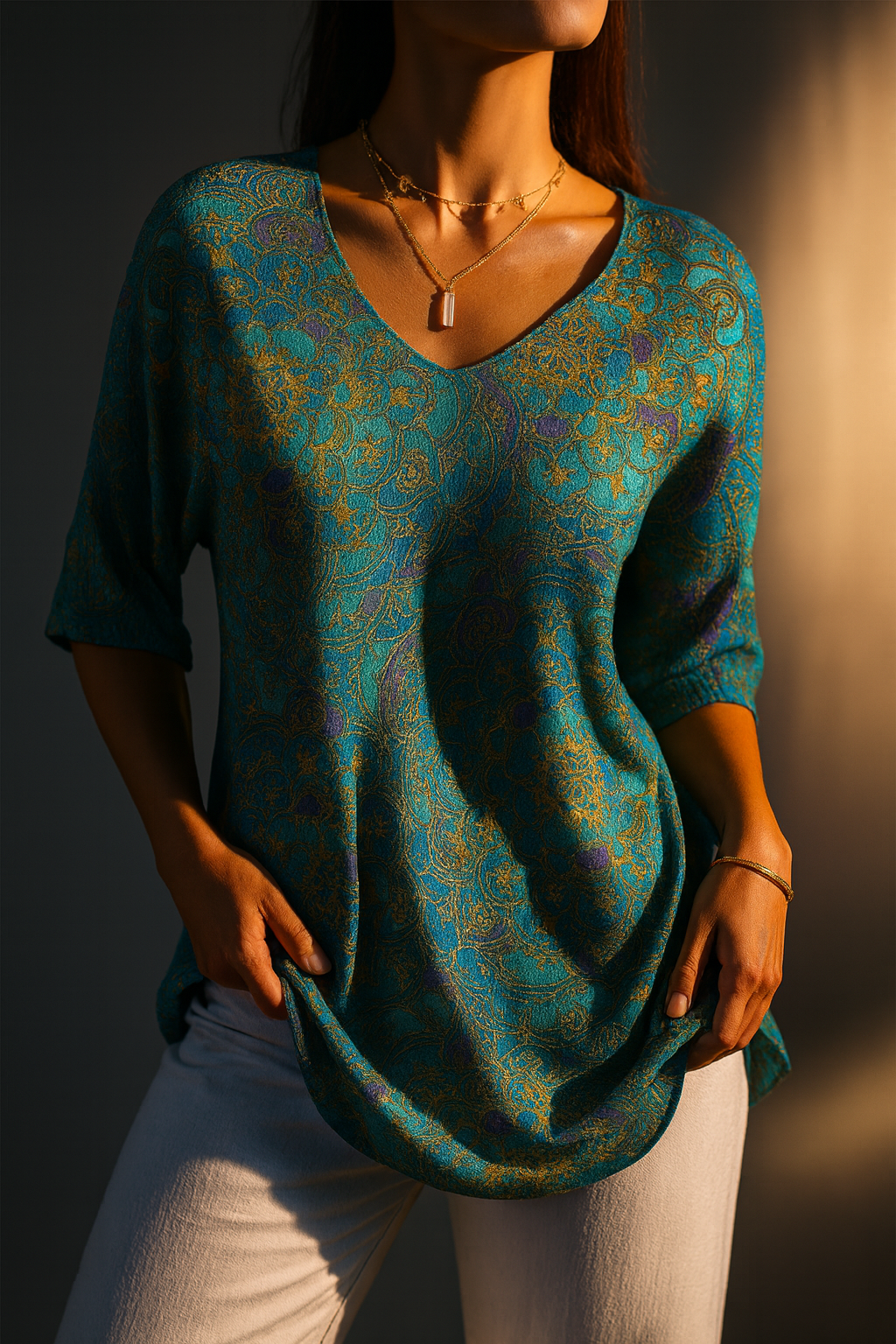 Women's Knit Blend V Neck Tunic Blouse
