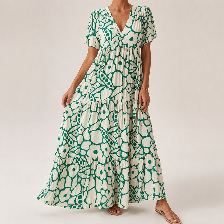 Women’s Linen-Blend Floral V-Neck Tiered Maxi Dress