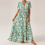 Women’s Linen-Blend Floral V-Neck Tiered Maxi Dress