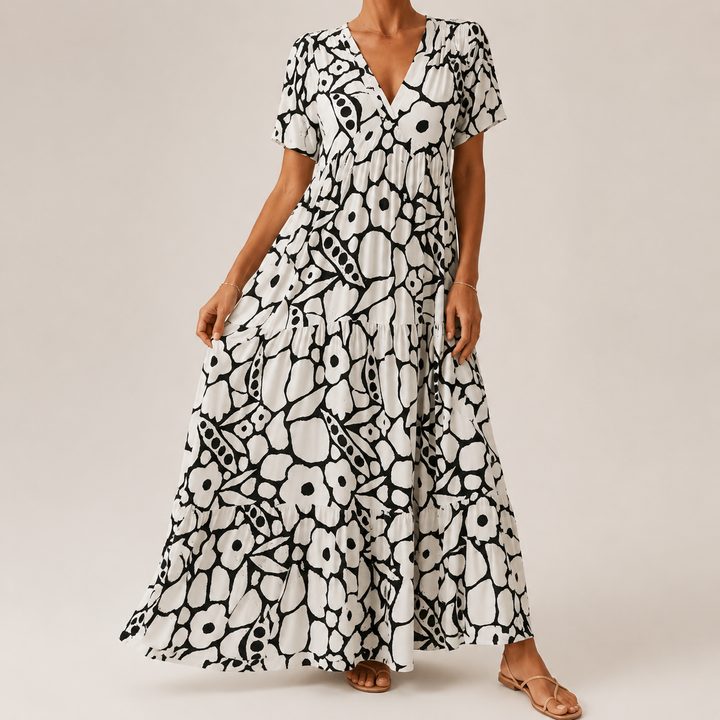 Women’s Linen-Blend Floral V-Neck Tiered Maxi Dress