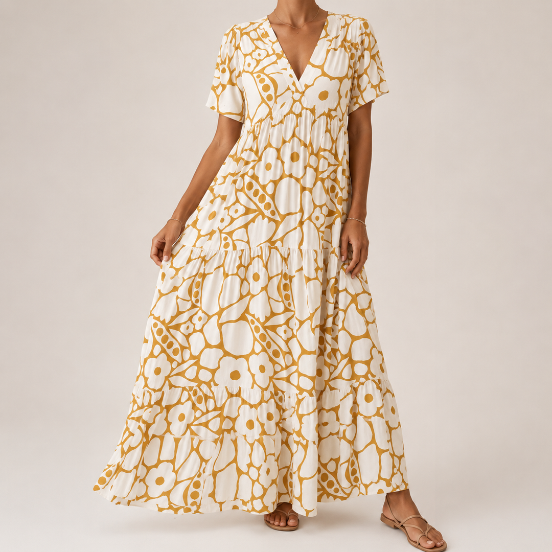 Women’s Linen-Blend Floral V-Neck Tiered Maxi Dress