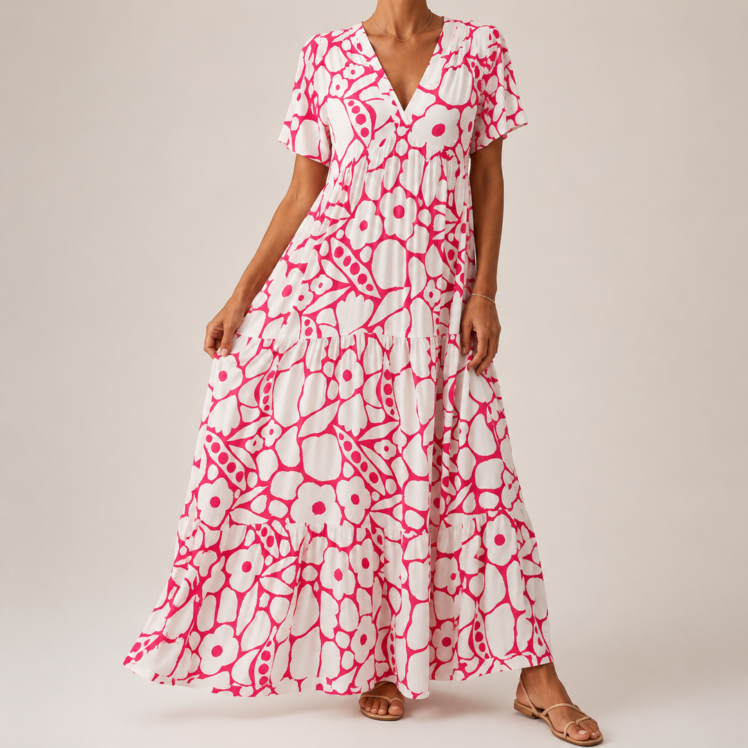 Women’s Linen-Blend Floral V-Neck Tiered Maxi Dress