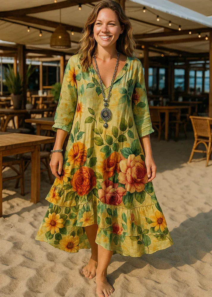 Women's Boho Floral V-Neck Linen Blend Long Sleeve Midi Dress