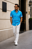 Men's Linen Short Sleeve Button Down Casual Hawaiian Print Shirt