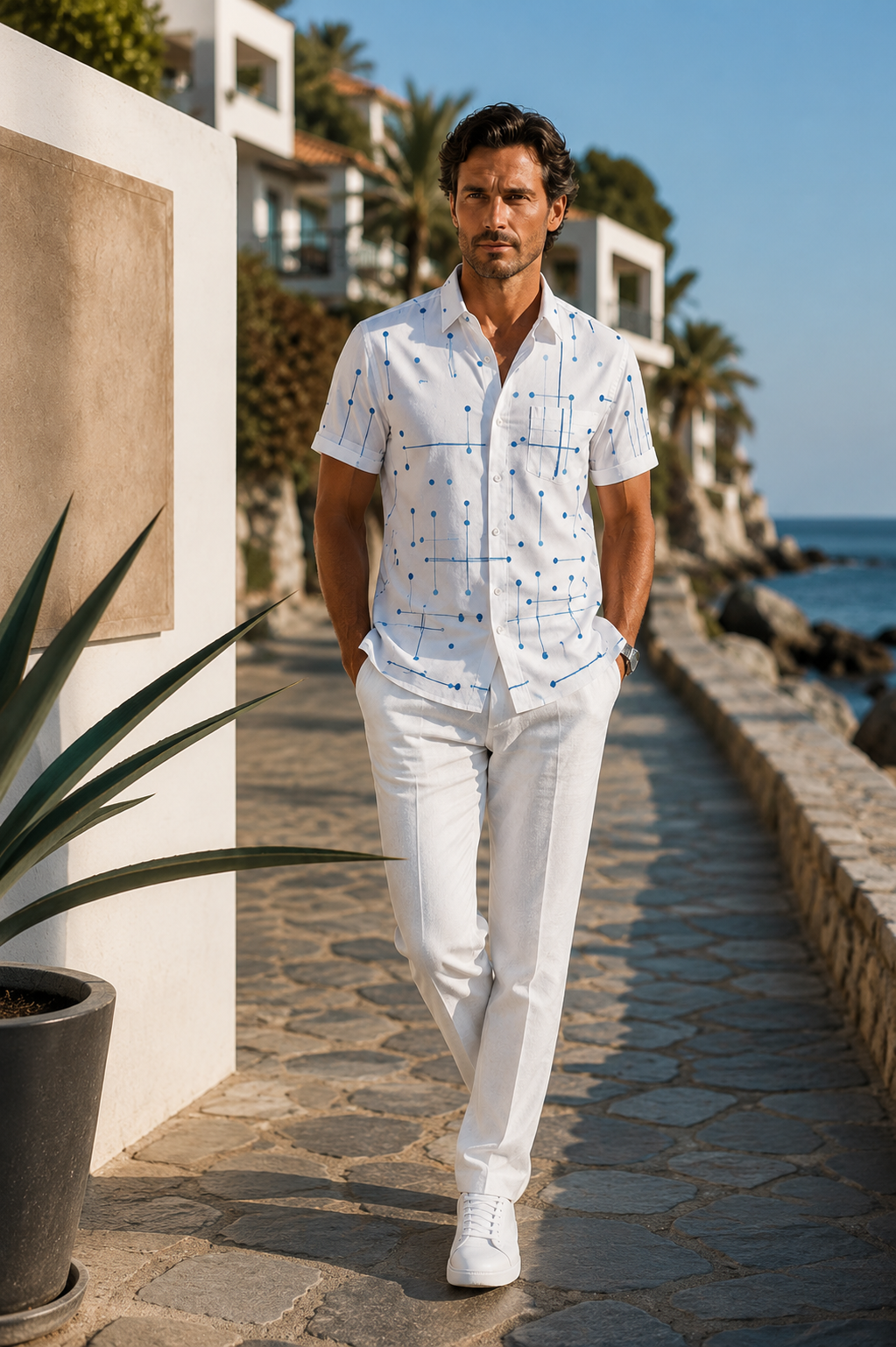 Men's Linen Short Sleeve Button Down Casual Hawaiian Print Shirt