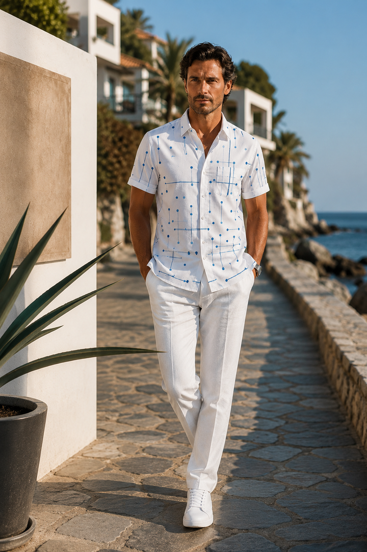 Men's Linen Short Sleeve Button Down Casual Hawaiian Print Shirt