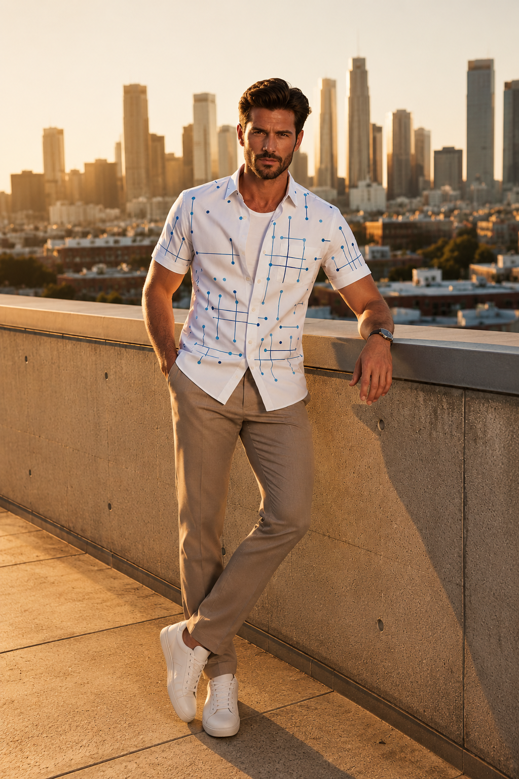 Men's Linen Short Sleeve Button Down Casual Hawaiian Print Shirt