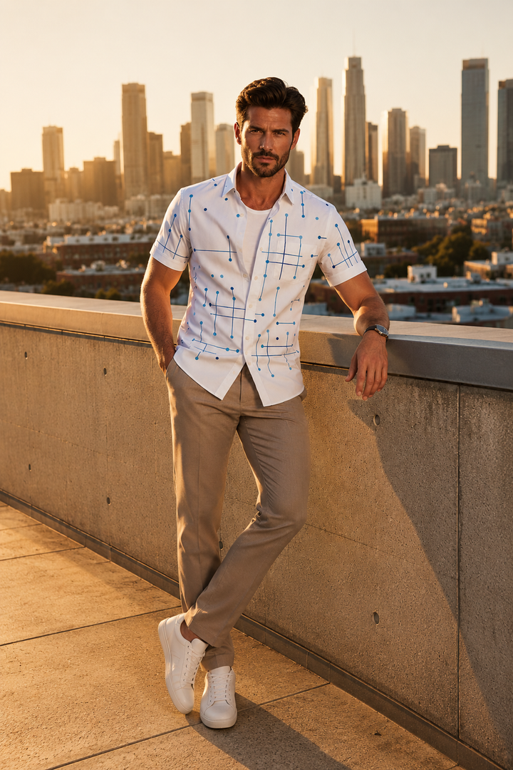 Men's Linen Short Sleeve Button Down Casual Hawaiian Print Shirt