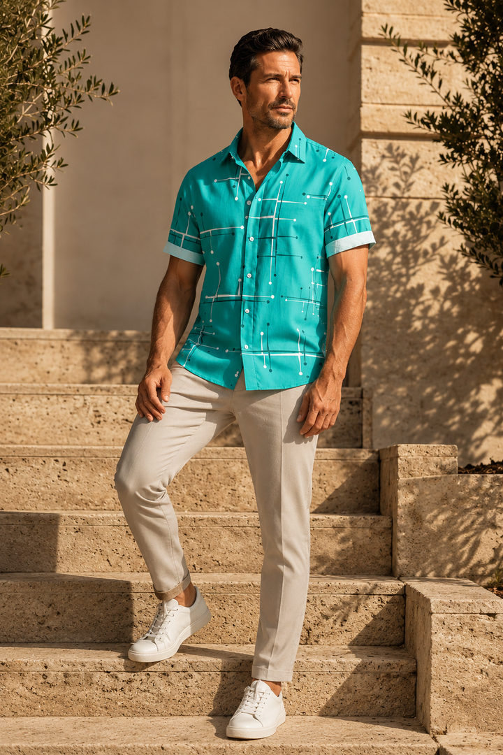 Men's Linen Short Sleeve Button Down Casual Hawaiian Print Shirt
