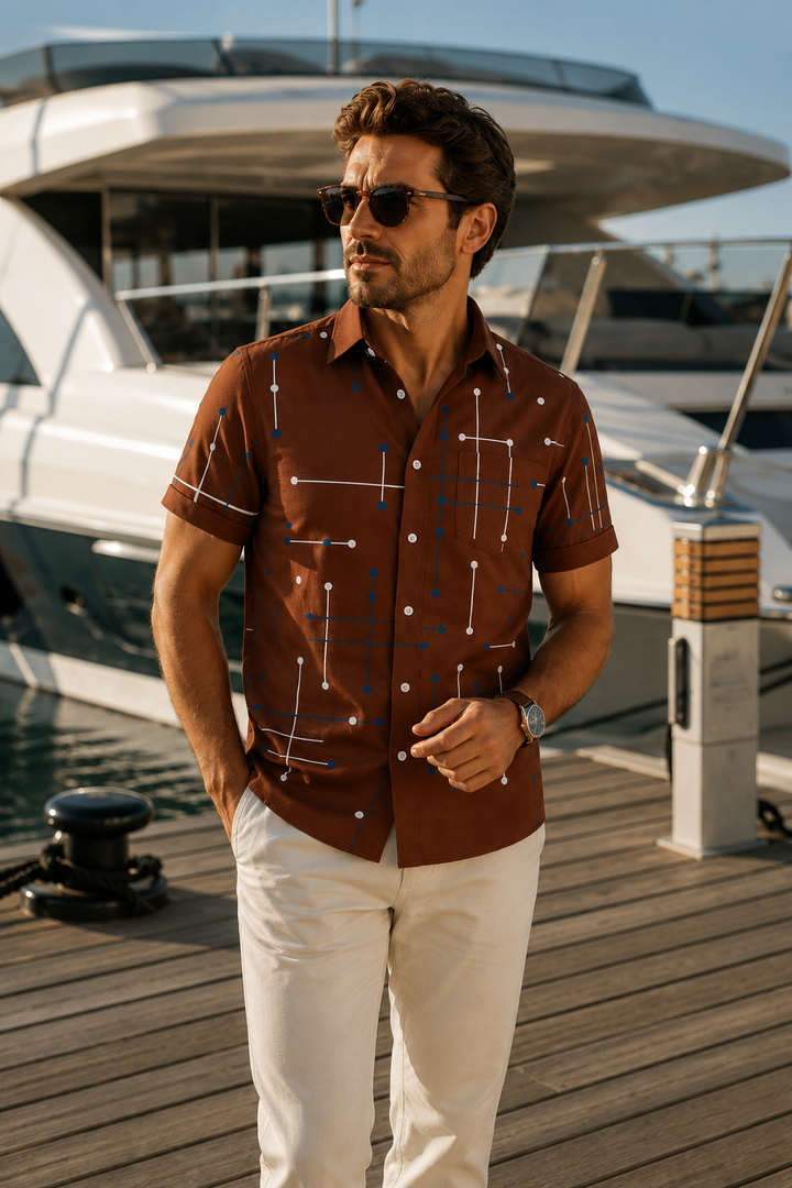 Men's Linen Short Sleeve Button Down Casual Hawaiian Print Shirt