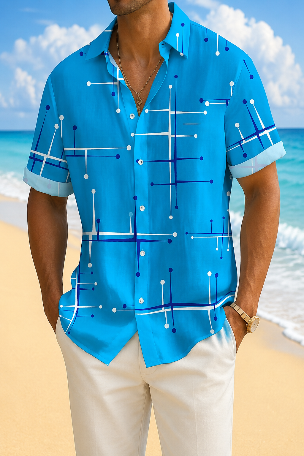 Men's Linen Short Sleeve Button Down Casual Hawaiian Print Shirt