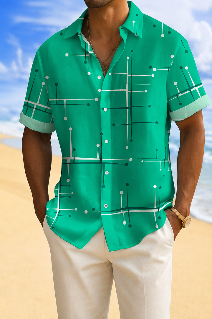 Men's Linen Short Sleeve Button Down Casual Hawaiian Print Shirt