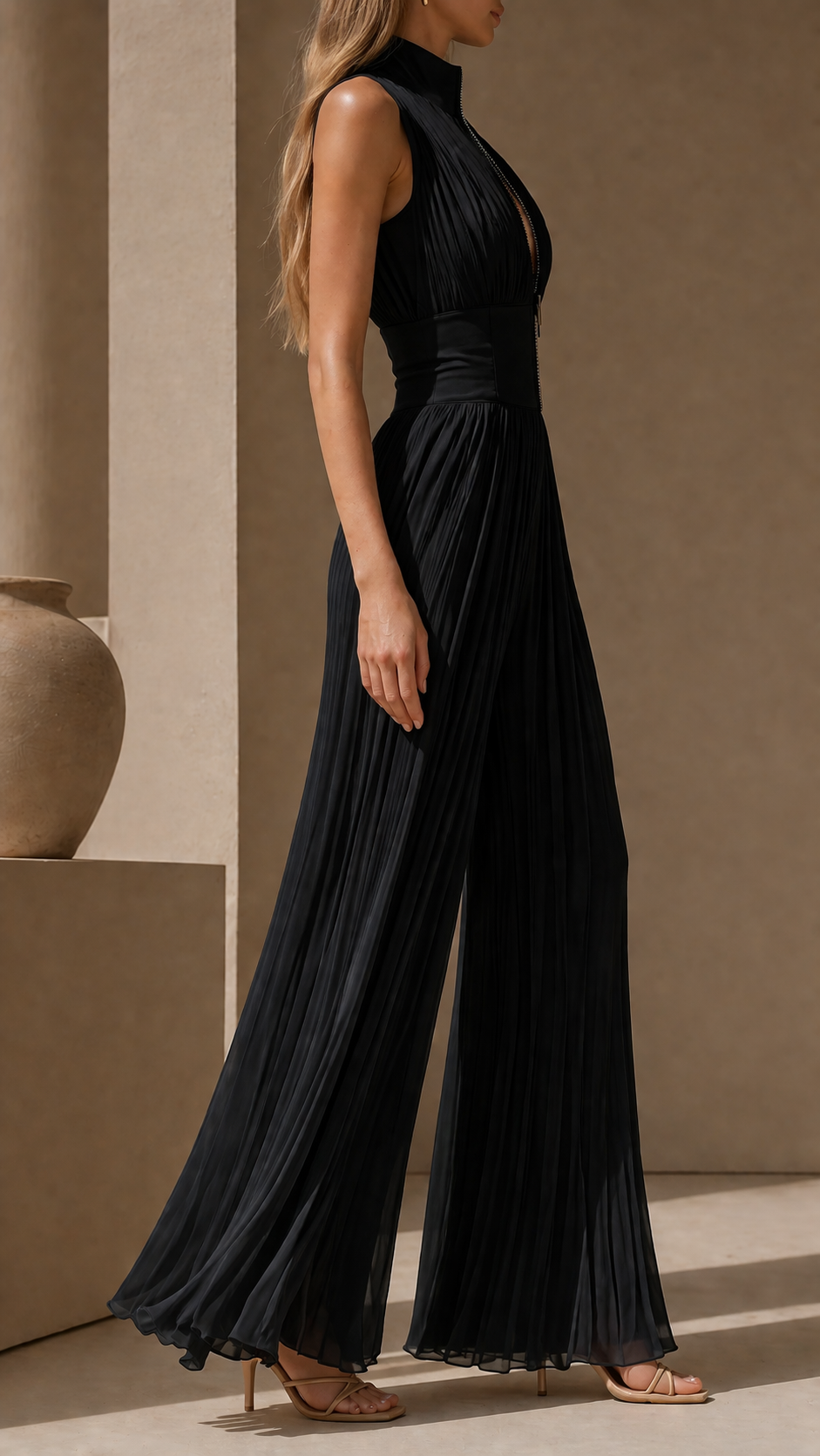 Women's Sleeveless Pleated Linen Wide-Leg Jumpsuit