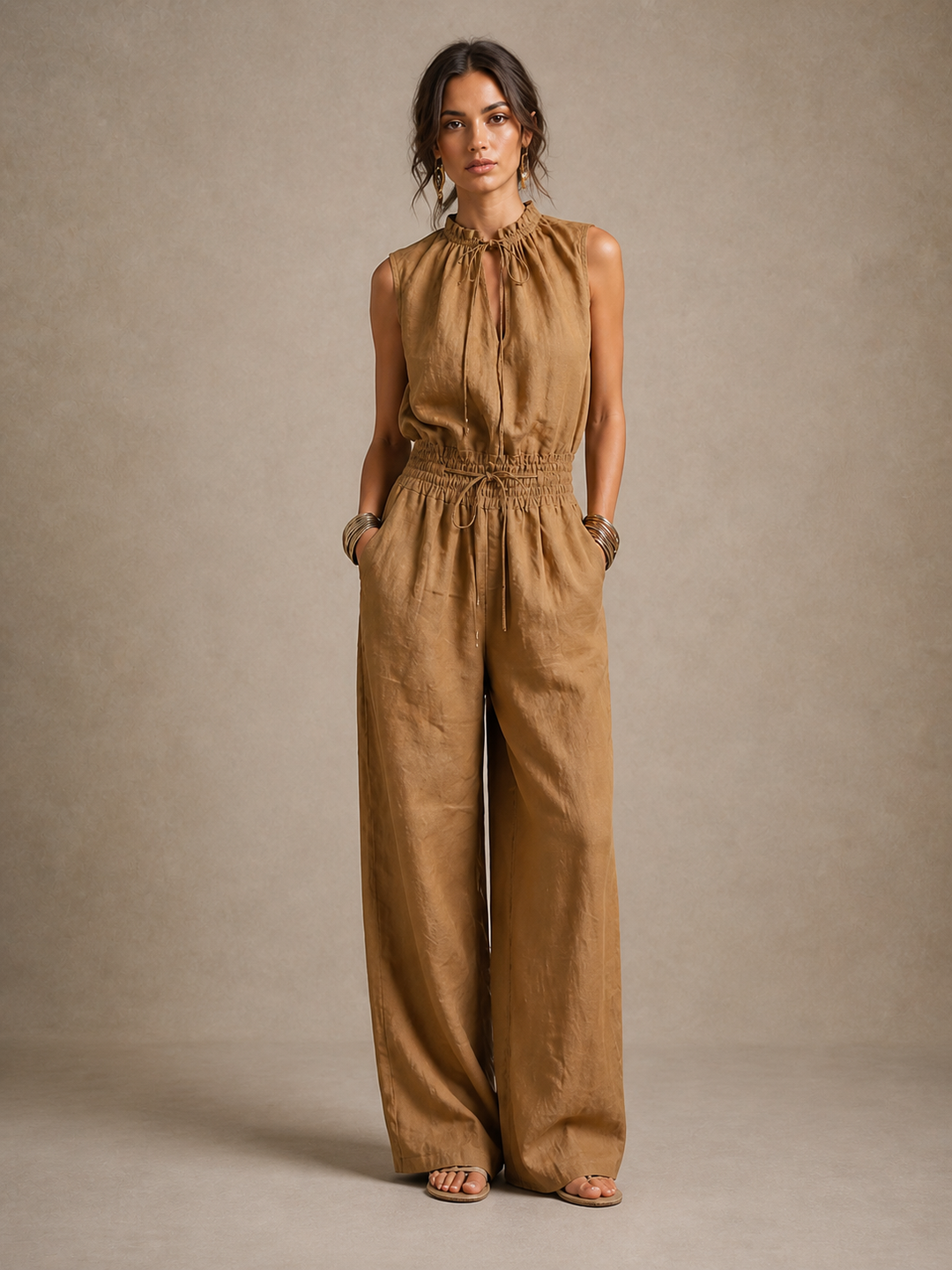 Women's Linen Halter Neck Jumpsuit Wide Leg Sleeveless