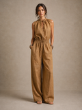 Women Linen Jumpsuit Wide Leg Sleeveless Romper