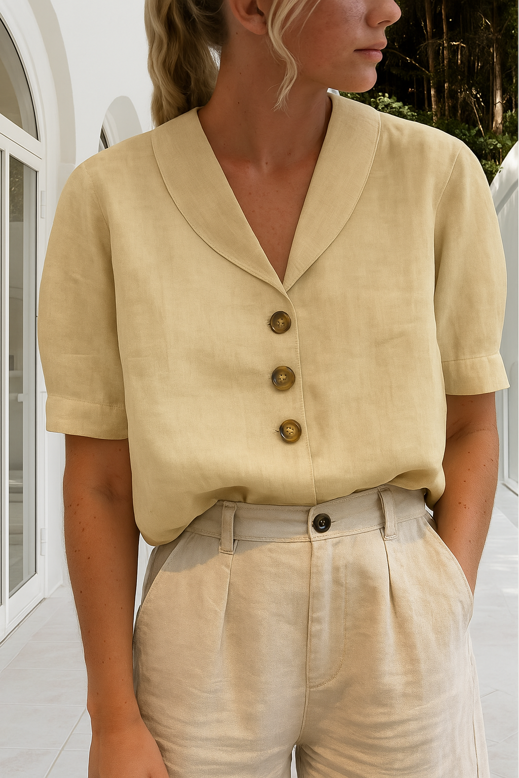 Linen Shirt Women’s Short Sleeve V Neck Blouse