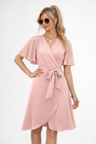 Women's Linen Flutter Sleeve Wrap Dress V-Neck Knee Length A-Line Sun Dress