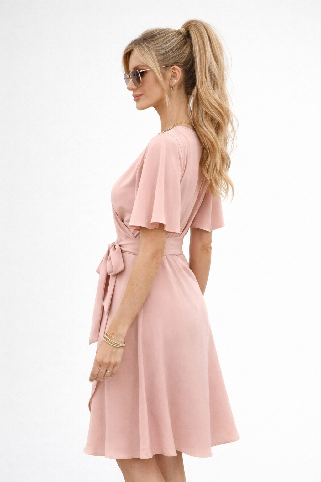 Women's Linen Flutter Sleeve Wrap Dress V-Neck Knee Length A-Line Sun Dress