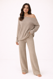 Women's Knit Lounge Set Off-Shoulder Top and Wide Leg Trousers Two Piece Outfit