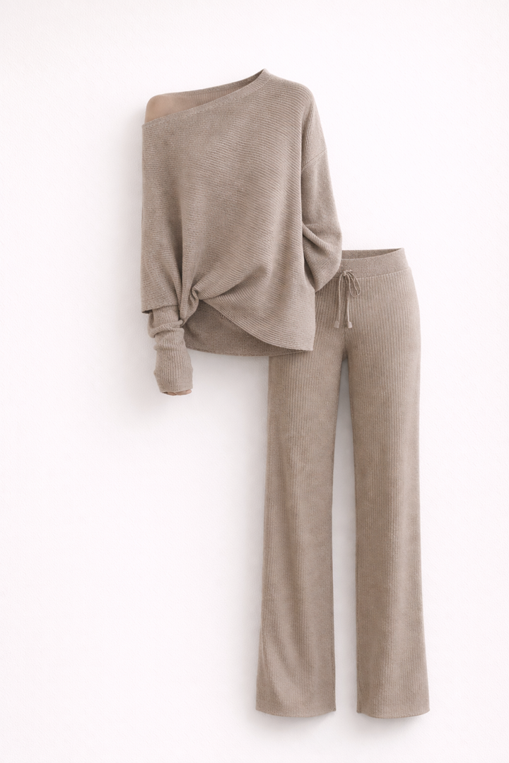 Women's Knit Lounge Set Off-Shoulder Top and Wide Leg Trousers Two Piece Outfit