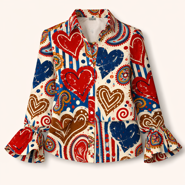 Women's Linen Heart Print Ruffled Sleeve Blouse