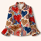 Women's Linen Heart Print Ruffled Sleeve Blouse