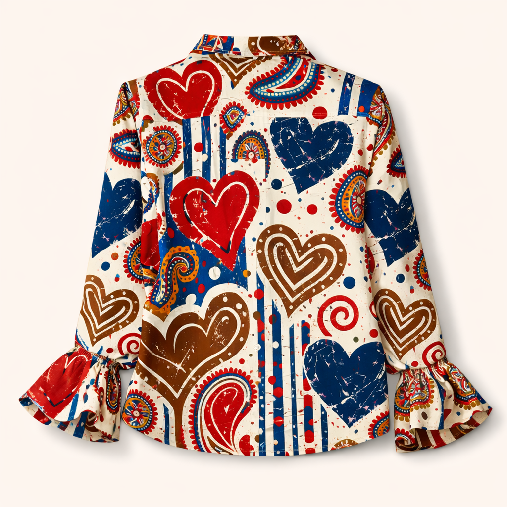 Women's Linen Heart Print Ruffled Sleeve Blouse