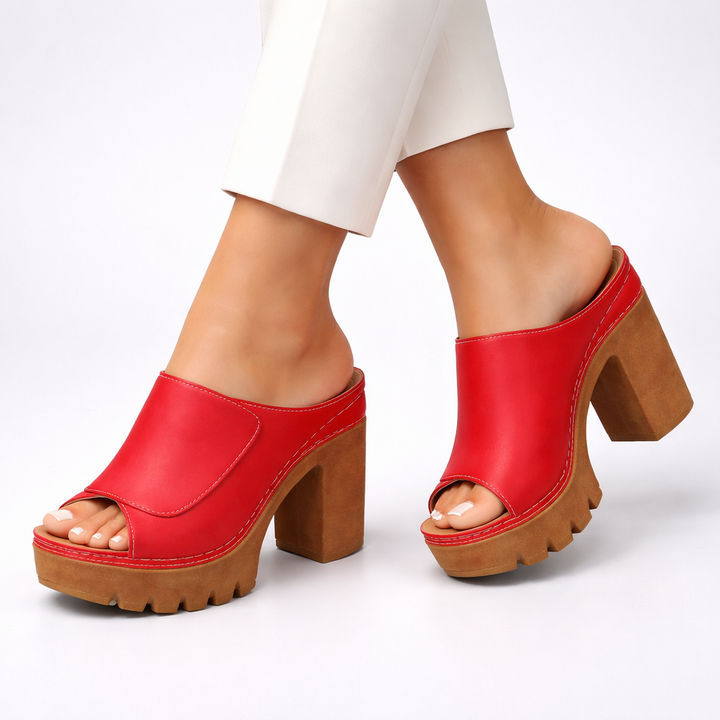 Women Leather Platform Mules Chunky High Heel Open Toe Sandals