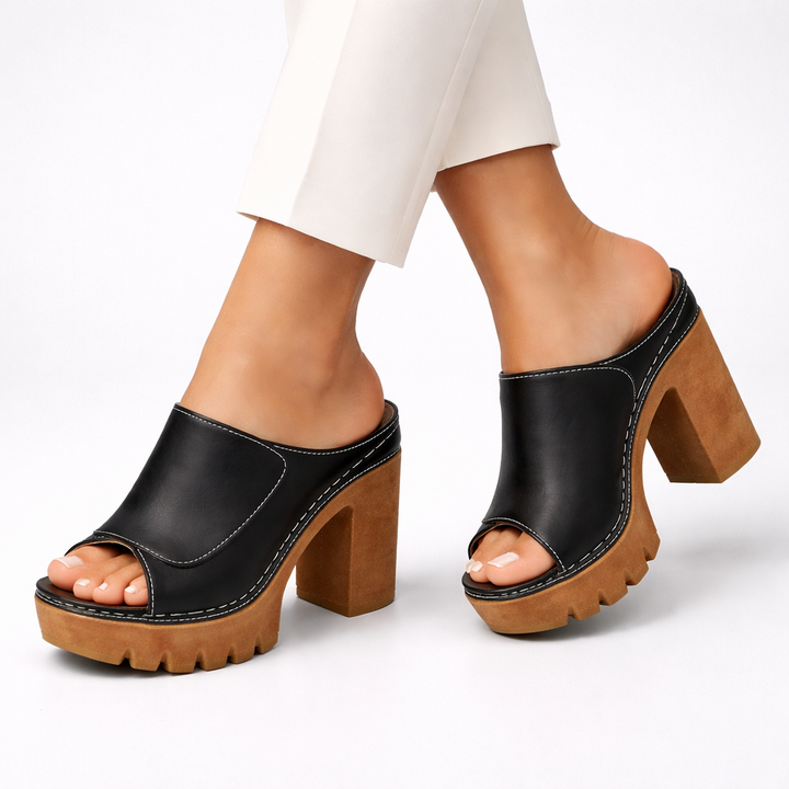 Women’s Leather Platform Block-Heel Mule Sandals