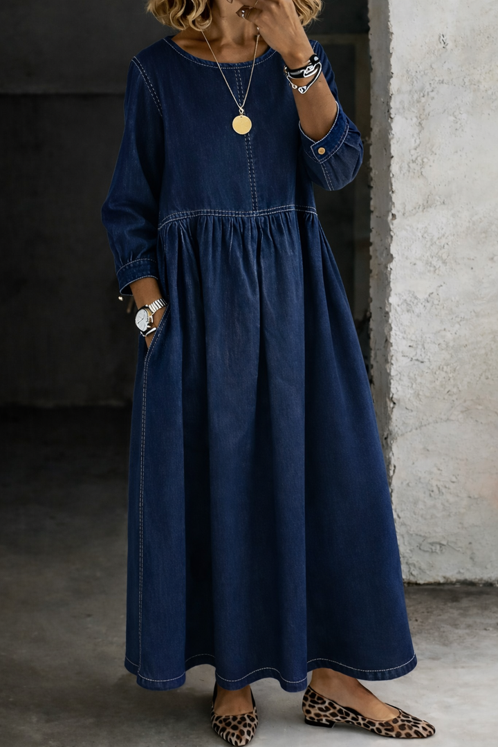Women's Denim Round Neck Long Sleeve Pleated Maxi Dress
