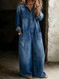 Women's Denim Jumpsuit Wide Leg Long Sleeve One Piece Overalls