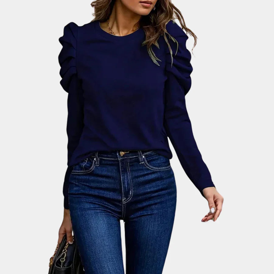 Women's Knit Puff Sleeve Top Long Sleeve Crewneck Slim Blouse
