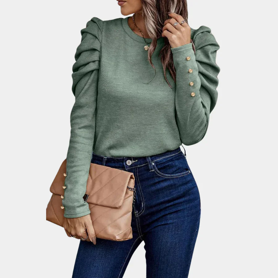 Women's Knit Puff Sleeve Top Long Sleeve Crewneck Slim Blouse