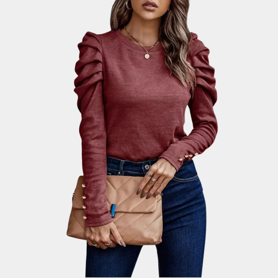 Women's Knit Puff Sleeve Top Long Sleeve Crewneck Slim Blouse