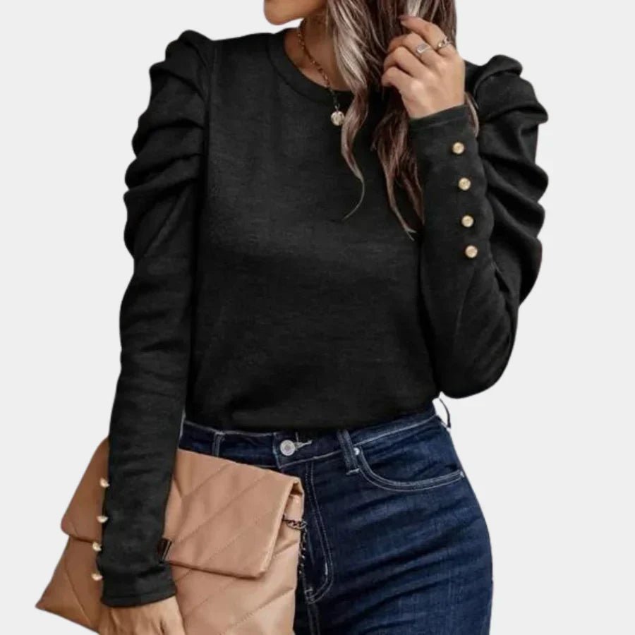 Women's Knit Puff Sleeve Top Long Sleeve Crewneck Slim Blouse