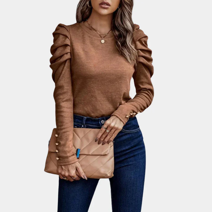 Women's Knit Puff Sleeve Top Long Sleeve Crewneck Slim Blouse