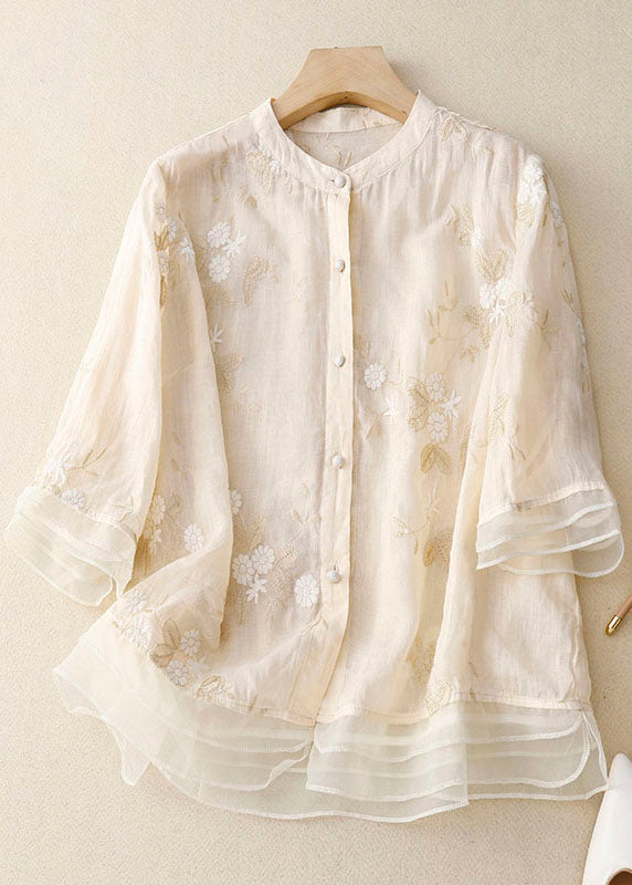 Women Silk Blouse Floral Embroidery Elegant Sheer Layered Top