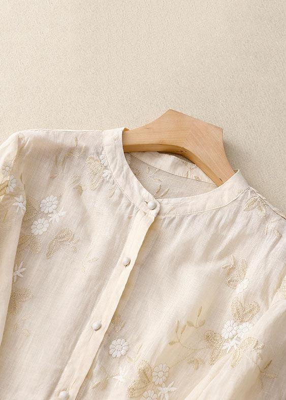 Women Silk Blouse Floral Embroidery Elegant Sheer Layered Top