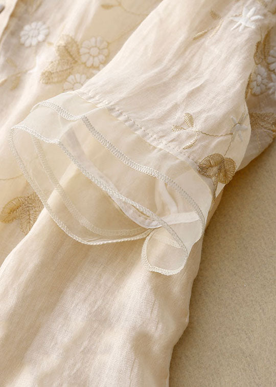 Women Silk Blouse Floral Embroidery Elegant Sheer Layered Top