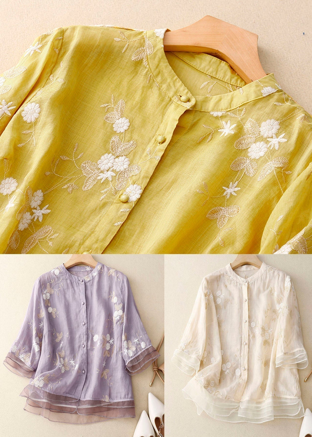 Women Silk Blouse Floral Embroidery Elegant Sheer Layered Top