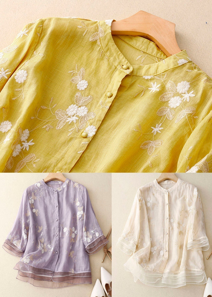 Women Silk Blouse Floral Embroidery Elegant Sheer Layered Top